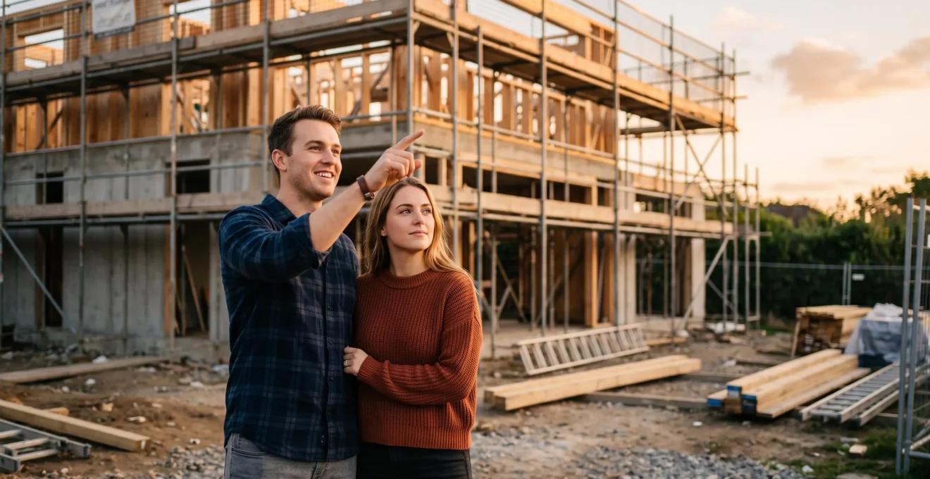 Couple regardant les plans d'une maison, symbolisant l'augmentation de leur capacité d'emprunt immobilier