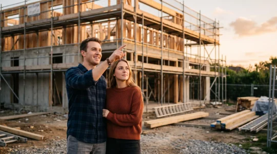 Couple regardant les plans d'une maison, symbolisant l'augmentation de leur capacité d'emprunt immobilier