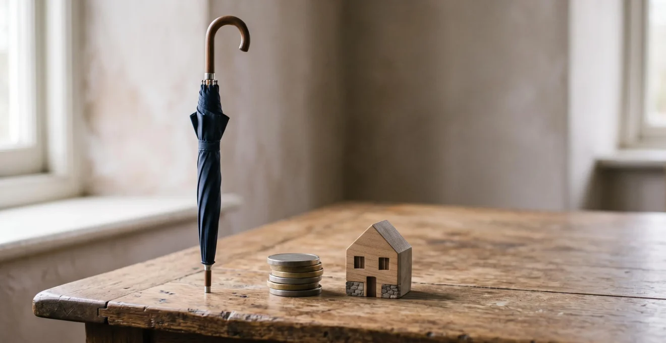 Ombrelle fermée posée sur une table en bois à côté d'une pile de pièces et d'une petite maison miniature, symbolisant la protection financière en cas de perte d'emploi