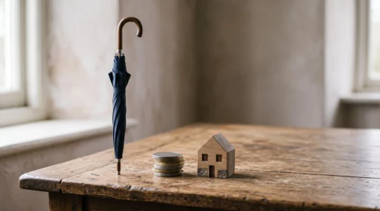 Ombrelle fermée posée sur une table en bois à côté d'une pile de pièces et d'une petite maison miniature, symbolisant la protection financière en cas de perte d'emploi