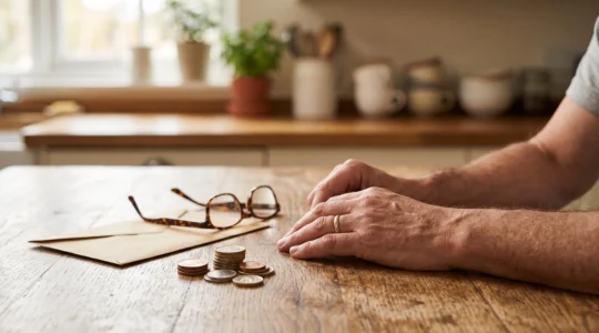 Une personne assise à une table examine calmement ses finances, symbolisant la gestion d'une perte de revenus face à un crédit à rembourser