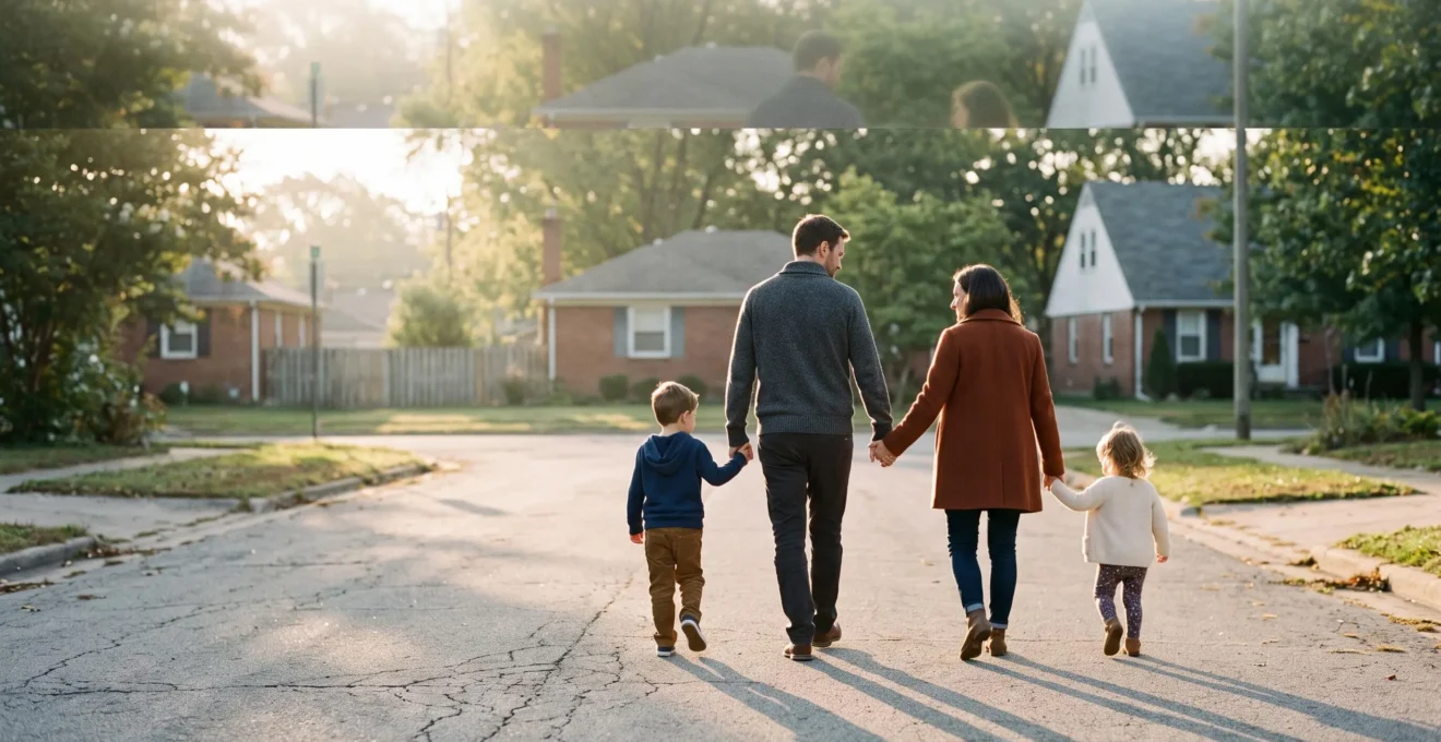 Jeune famille marchant ensemble à l'aube, symbolisant la protection financière accessible avec un petit budget de prévoyance