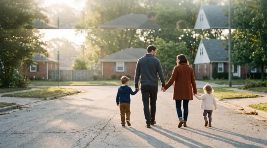 Jeune famille marchant ensemble à l'aube, symbolisant la protection financière accessible avec un petit budget de prévoyance