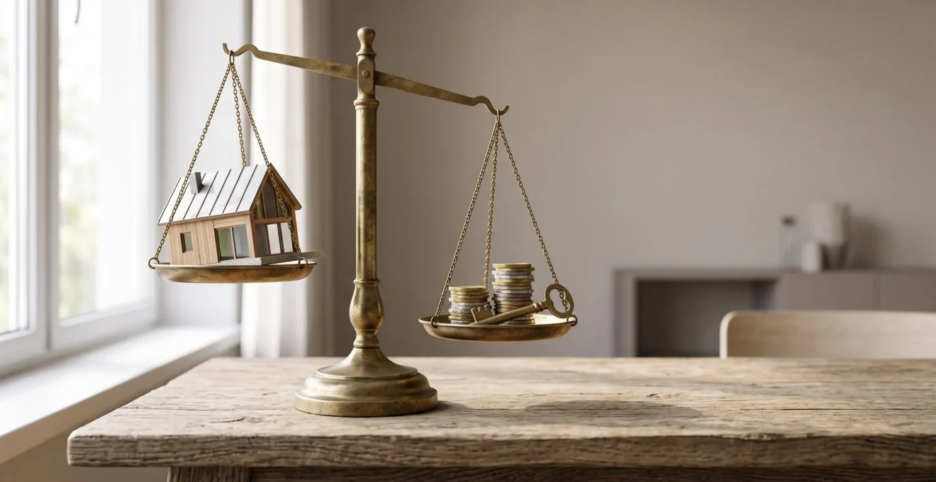 Calculatrice et maquette de maison posées sur une balance symbolisant le calcul du rendement net d'un investissement locatif financé à crédit