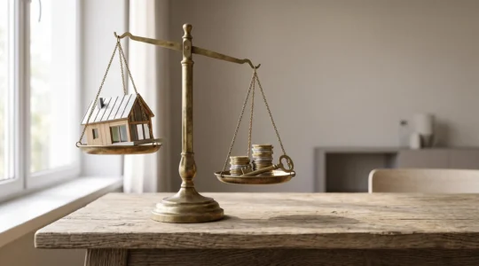 Calculatrice et maquette de maison posées sur une balance symbolisant le calcul du rendement net d'un investissement locatif financé à crédit