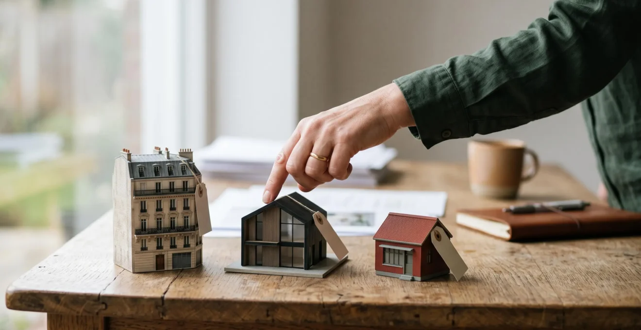 Trois maquettes de maisons miniatures posees sur une table en bois, symbolisant le choix entre plusieurs dispositifs d'investissement locatif