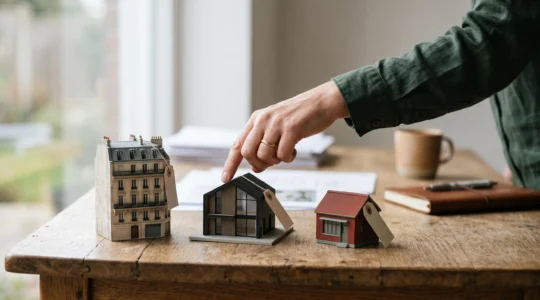 Trois maquettes de maisons miniatures posees sur une table en bois, symbolisant le choix entre plusieurs dispositifs d'investissement locatif