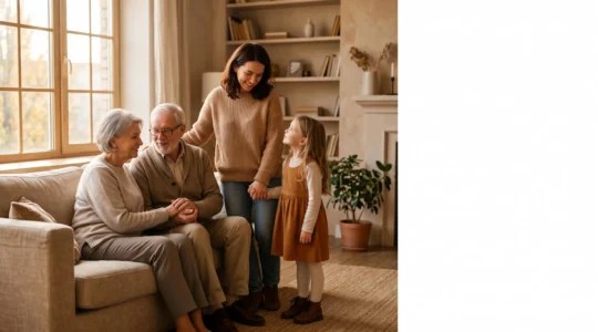 Scène familiale intergénérationnelle symbolisant la protection équitable du conjoint et des enfants dans une clause bénéficiaire