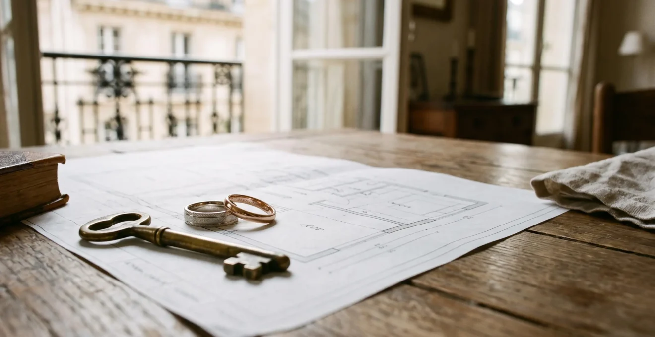Alliances de mariage posées sur un plan de maison flouté à côté d'une clé, symbolisant le choix du régime matrimonial pour protéger le patrimoine du couple