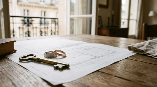Alliances de mariage posées sur un plan de maison flouté à côté d'une clé, symbolisant le choix du régime matrimonial pour protéger le patrimoine du couple