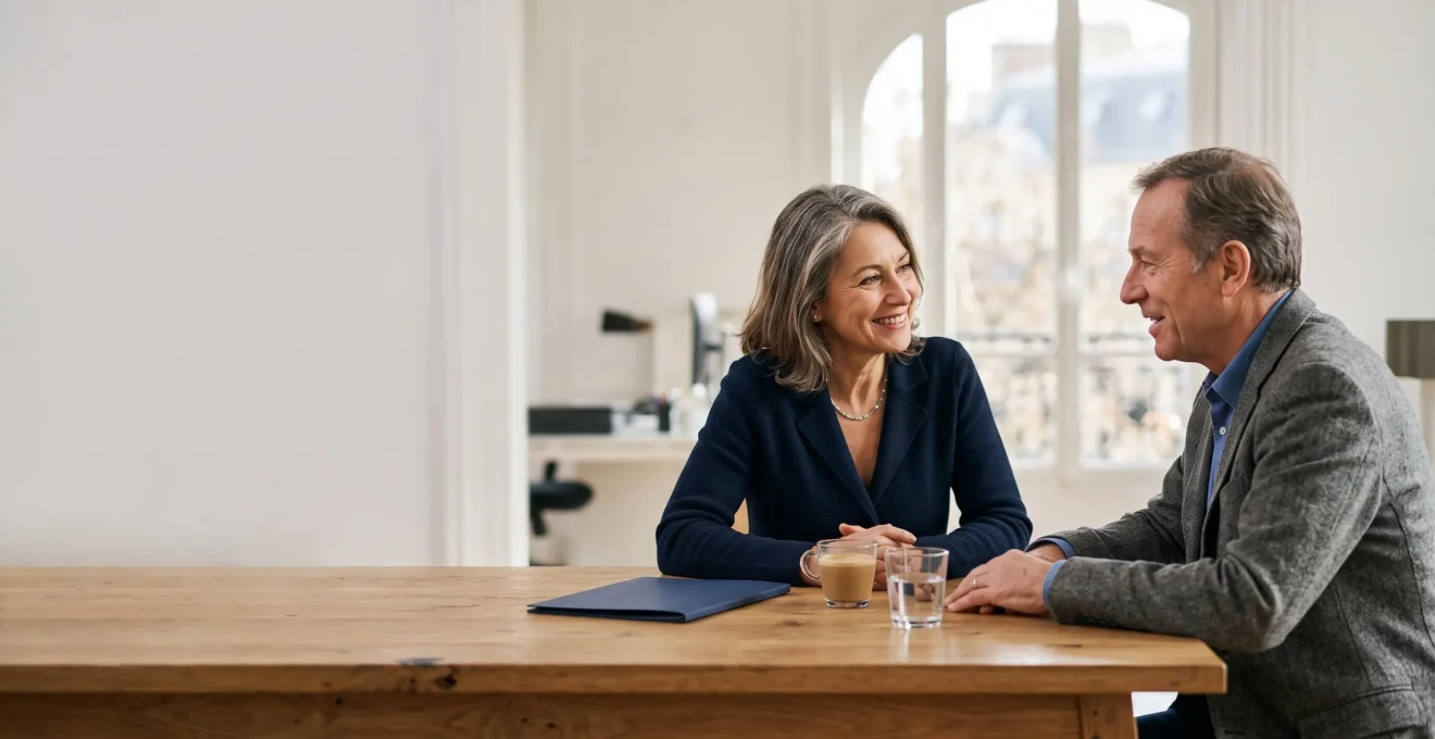 Conseiller en gestion de patrimoine indépendant échangeant en toute confiance avec un client dans un bureau lumineux
