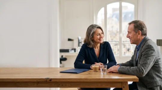Conseiller en gestion de patrimoine indépendant échangeant en toute confiance avec un client dans un bureau lumineux