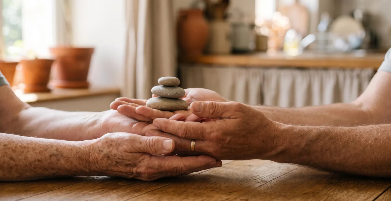 Trois mains adultes tenant ensemble un objet symbolique représentant l'équilibre patrimonial entre générations