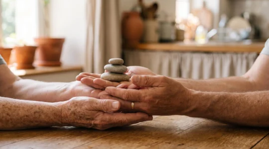 Trois mains adultes tenant ensemble un objet symbolique représentant l'équilibre patrimonial entre générations