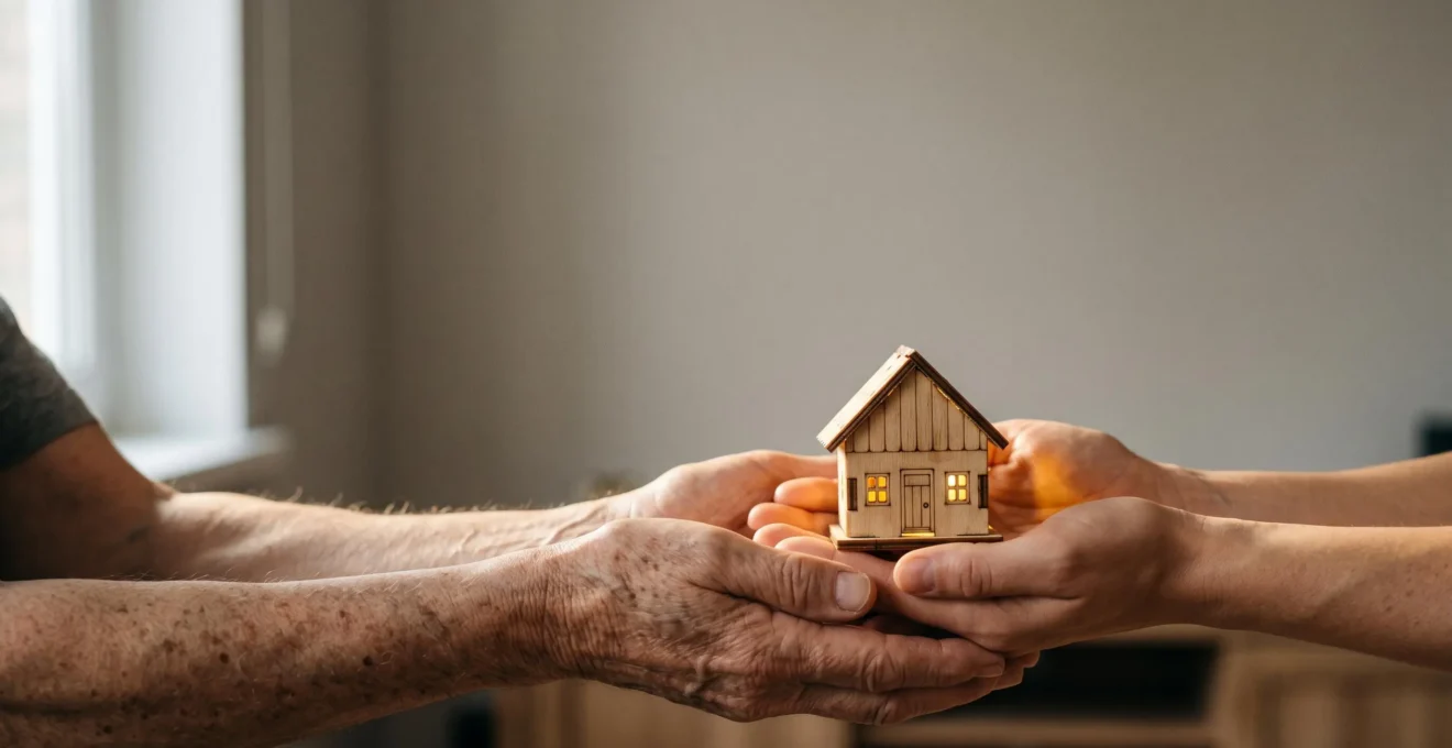 Mains de deux générations tenant symboliquement un parapluie protecteur au-dessus d'une maison miniature, illustrant la protection du patrimoine familial face à la dépendance