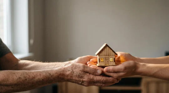 Mains de deux générations tenant symboliquement un parapluie protecteur au-dessus d'une maison miniature, illustrant la protection du patrimoine familial face à la dépendance