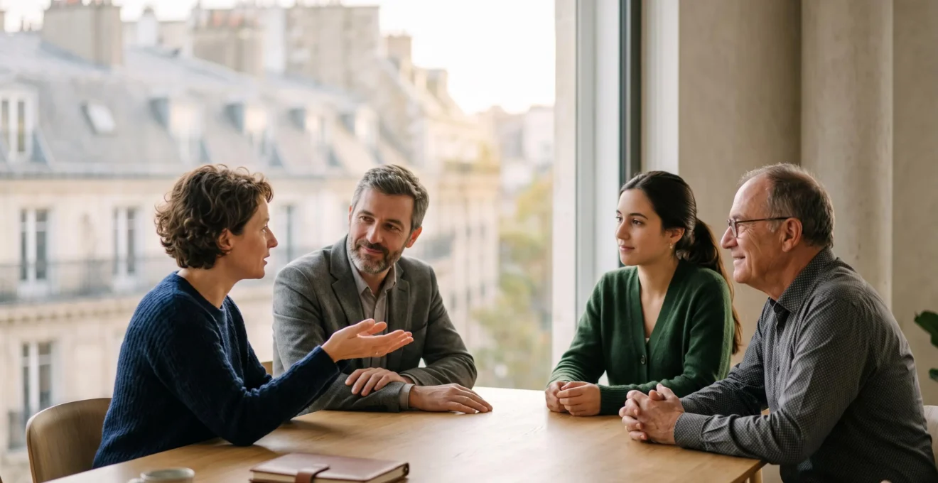 Un conseiller en gestion de patrimoine échange avec un groupe de petits épargnants autour d'une table, symbolisant l'investissement collectif professionnel