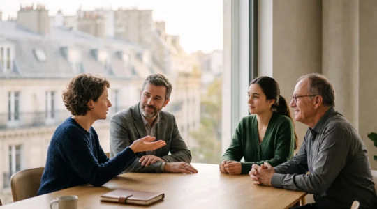 Un conseiller en gestion de patrimoine échange avec un groupe de petits épargnants autour d'une table, symbolisant l'investissement collectif professionnel