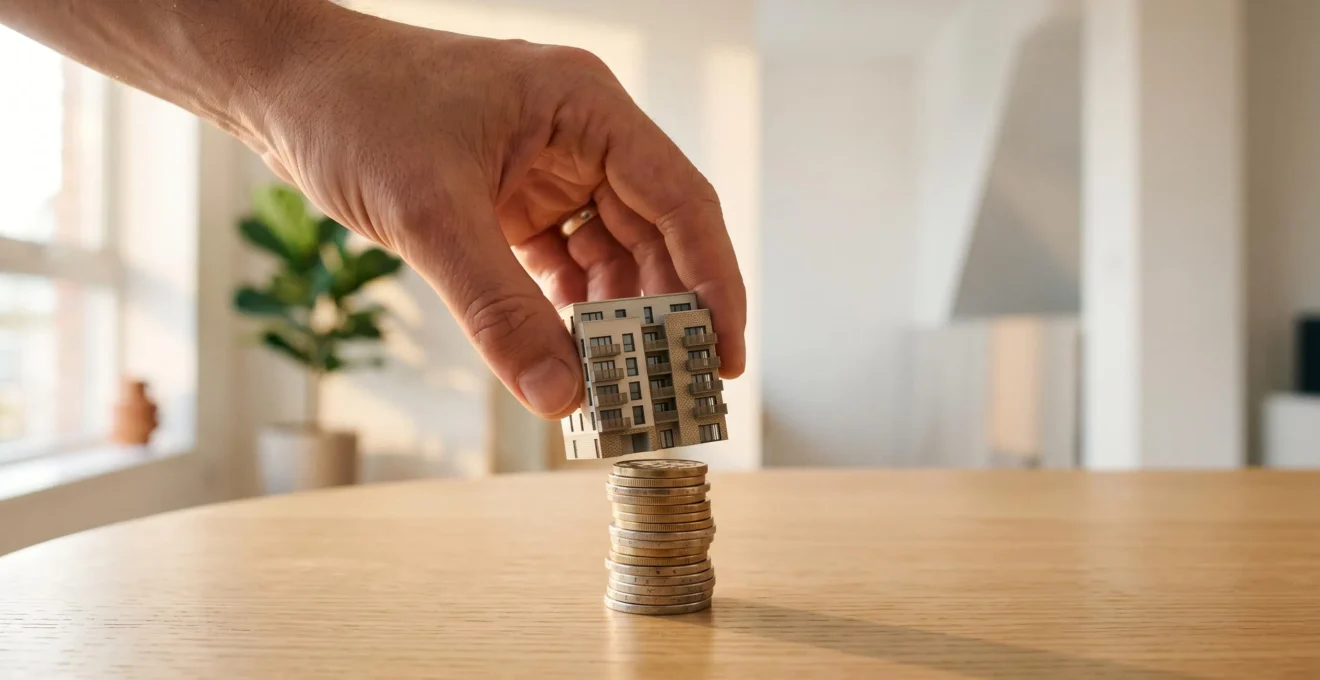 Petite maquette d'immeuble posée sur une pile de pièces de monnaie, symbolisant l'investissement immobilier passif et fractionné