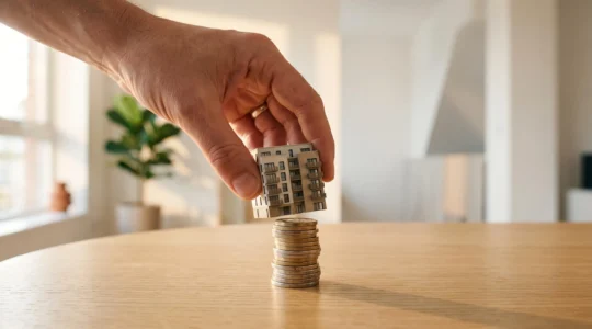 Petite maquette d'immeuble posée sur une pile de pièces de monnaie, symbolisant l'investissement immobilier passif et fractionné