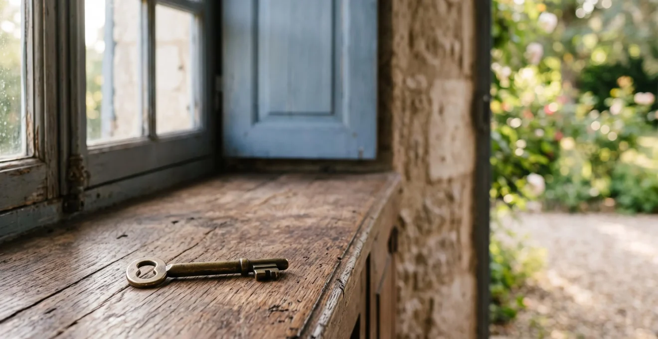 Photographie éditoriale d'une maison de vacances avec une clé posée en premier plan, symbolisant la vente et l'optimisation fiscale de la plus-value