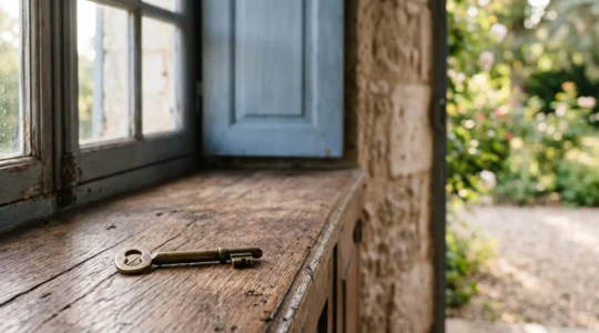 Photographie éditoriale d'une maison de vacances avec une clé posée en premier plan, symbolisant la vente et l'optimisation fiscale de la plus-value