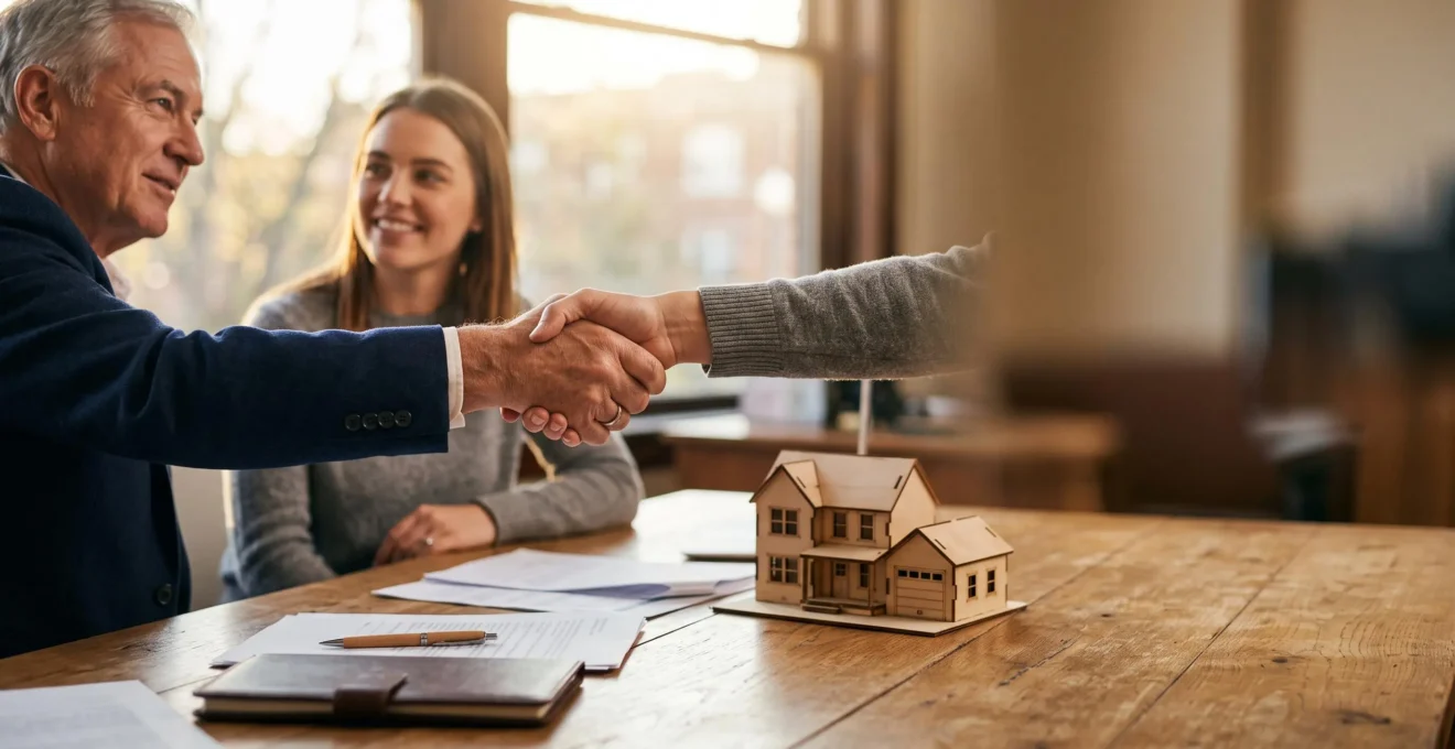 Deux mains se serrant au-dessus d'une table de négociation avec des documents financiers flous en arrière-plan, symbolisant la négociation d'un crédit immobilier