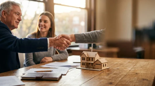 Deux mains se serrant au-dessus d'une table de négociation avec des documents financiers flous en arrière-plan, symbolisant la négociation d'un crédit immobilier