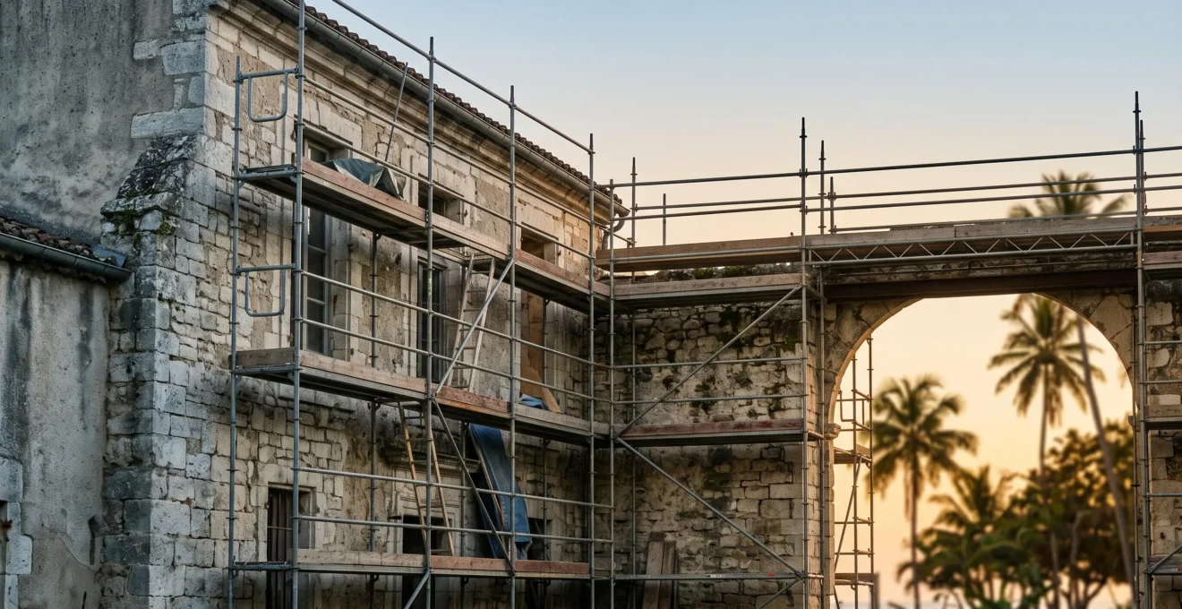 Façade en pierre d'un bâtiment historique français en cours de restauration, avec une lumière évoquant les tons chauds d'un ciel d'outre-mer en arrière-plan.
