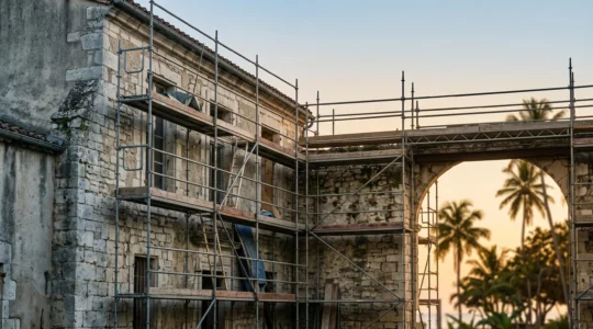 Façade en pierre d'un bâtiment historique français en cours de restauration, avec une lumière évoquant les tons chauds d'un ciel d'outre-mer en arrière-plan.