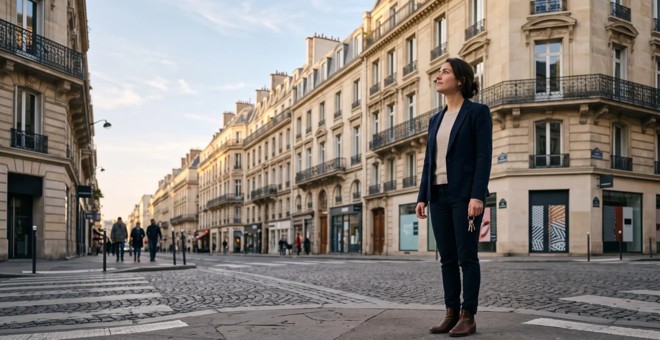 Investisseur immobilier examinant pensivement la façade d'un immeuble avant un premier achat locatif