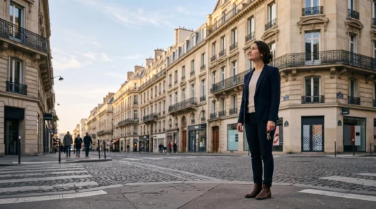 Investisseur immobilier examinant pensivement la façade d'un immeuble avant un premier achat locatif