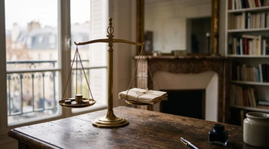 Photographie éditoriale symbolisant l'équilibre entre optimisation fiscale et conformité légale, avec une balance en lumière naturelle