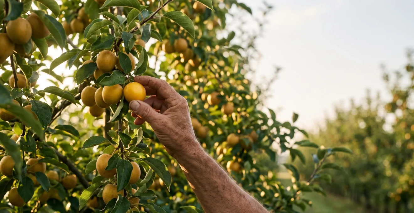 Main cueillant délicatement un fruit mûr sur un arbre chargé, symbolisant un retrait mesuré qui préserve le capital