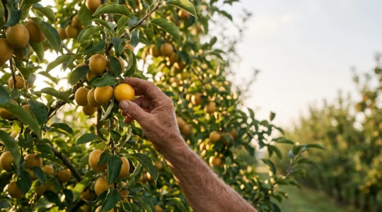Main cueillant délicatement un fruit mûr sur un arbre chargé, symbolisant un retrait mesuré qui préserve le capital