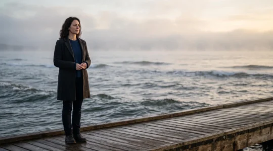 Une personne sereine debout face à un horizon agité, symbolisant le calme intérieur nécessaire pour traverser une baisse de marché de 20%