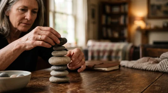 Mains organisant avec soin des blocs de pierre superposés symbolisant la structuration d'un patrimoine entre fiscalite, protection et transmission