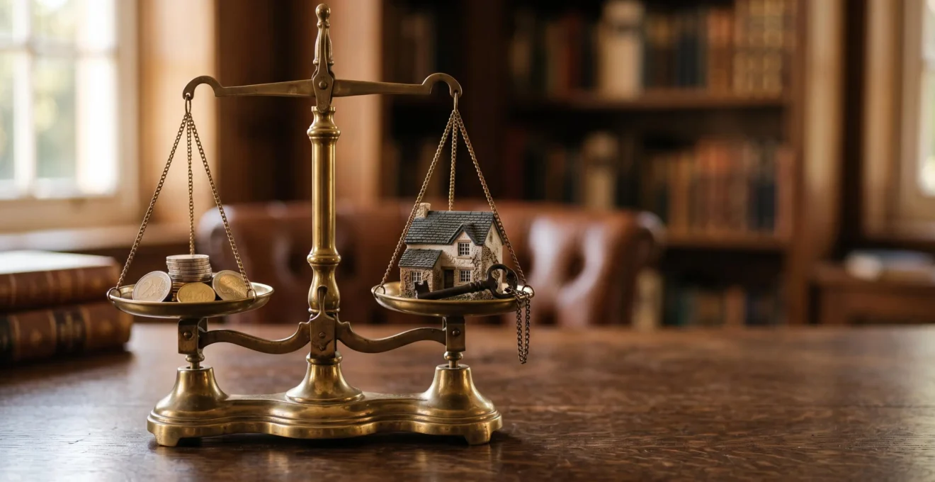 Illustration symbolique d'une balance dorée mettant en équilibre des pièces d'euros et une maison miniature, représentant le calcul des droits de succession