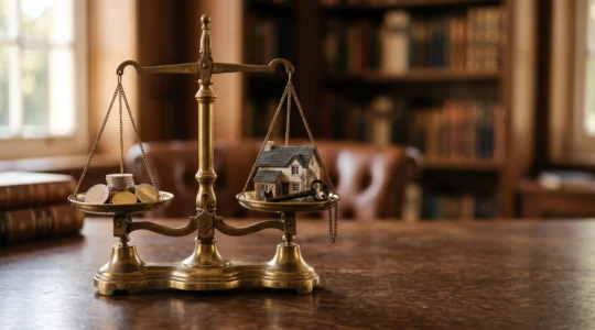Illustration symbolique d'une balance dorée mettant en équilibre des pièces d'euros et une maison miniature, représentant le calcul des droits de succession