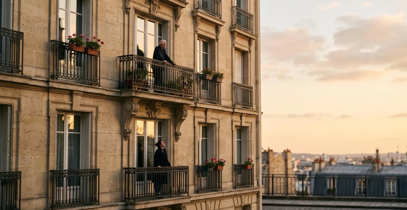 Appartement parisien haussmannien au coucher du soleil, symbole de la transmission d'un patrimoine immobilier entre générations