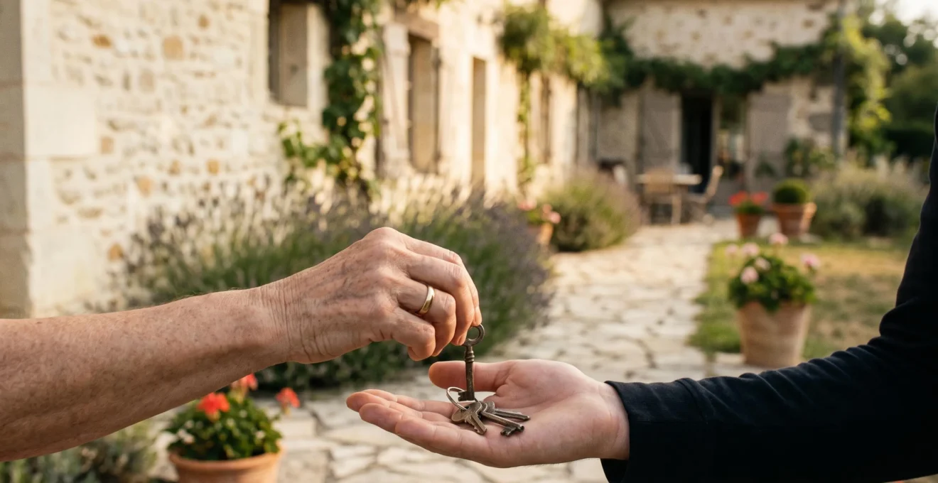 Photographie éditoriale symbolisant la transmission sereine d'un patrimoine familial de 400 000 euros grâce à la donation-partage