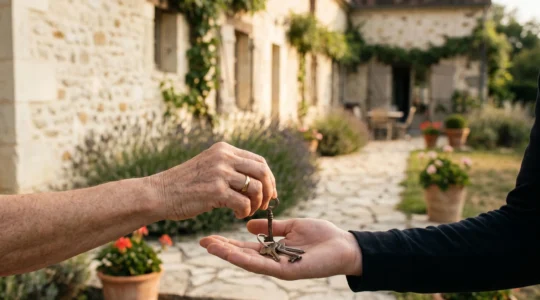 Photographie éditoriale symbolisant la transmission sereine d'un patrimoine familial de 400 000 euros grâce à la donation-partage