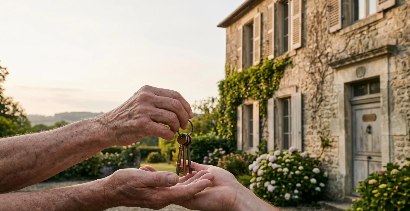 Trousseau de cles anciennes transmis de main en main devant une maison de campagne en pierre, symbole de la transmission familiale via une SCI