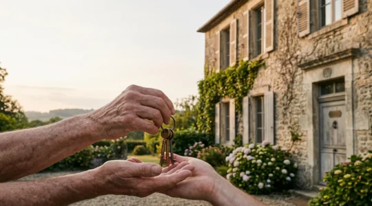 Trousseau de cles anciennes transmis de main en main devant une maison de campagne en pierre, symbole de la transmission familiale via une SCI